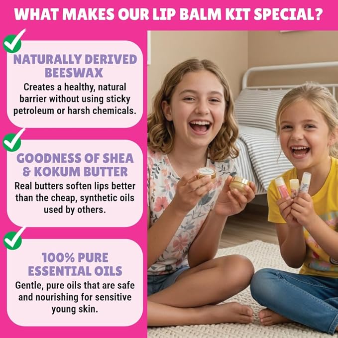 Kalakaram DIY Lip Balm Making Kit - Make 15 Lip Balms with Shea & Kukum Butter, Beeswax, Vitamin E Oil, Grapeseed & Essential Oils, DIY Activity Kit for Kids & Craft Kit for Girls 9-12