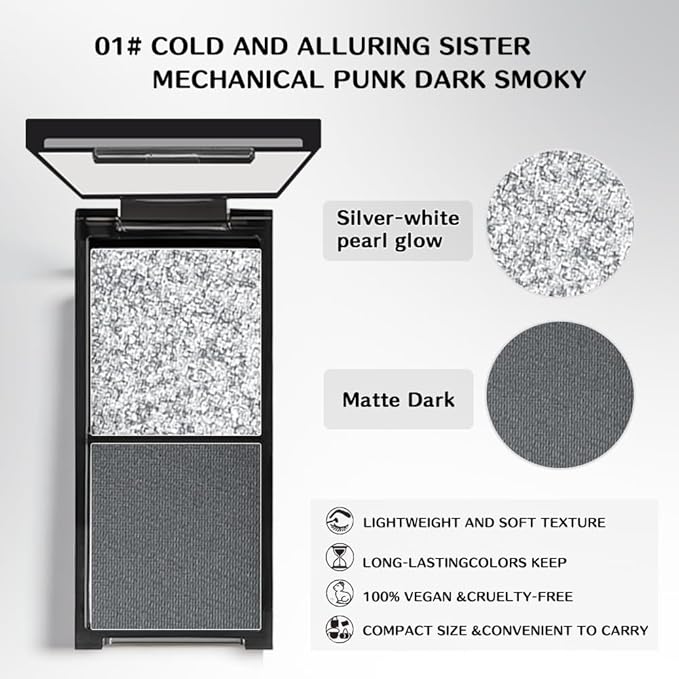 Silver Shimmer & Charcoal Black Matte Eyeshadow Palette, 2 Color Smokey Eye Shadow Smooth Blendable Long Lasting Cool Tone Mini Travel Eyeshadow Palette for Glam Party Looks 1#