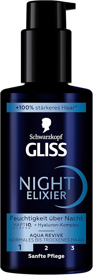 GLISS Schwarzkopf Night Elixir Aqua Revive Hair Serum, 100 ml Leave-In Overnight Hydrating Treatment with HaptiQ Micro-Bond Technology and Hyaluronic Complex for Normal to Dry Hair