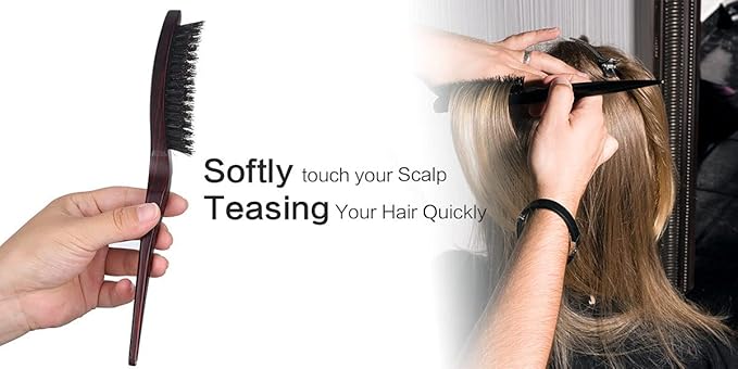PERFEHAIR 100% Pure Boar Bristle Teasing Hair Brush with Wooden Handle, 3 Row Slim Backcombing Brush, 8.8 inch