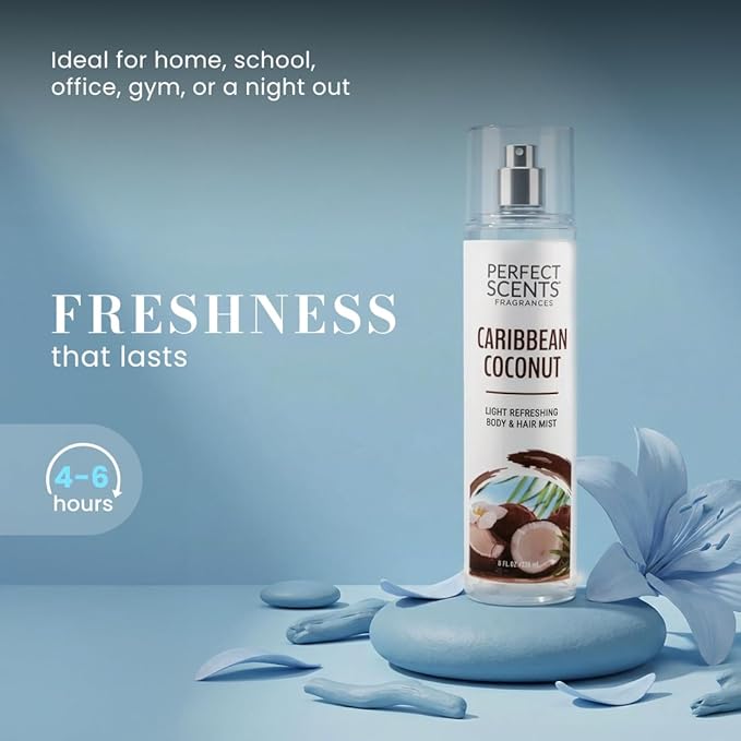Instyle Fragrances Light Refreshing Body & Hair Mist, Caribbean Coconut, Premium Women’s Body Spray, Infused with Panthenol, CLEAN, Vegan, Paraben-Free, Phthalate-Free, 8 Fluid Ounces