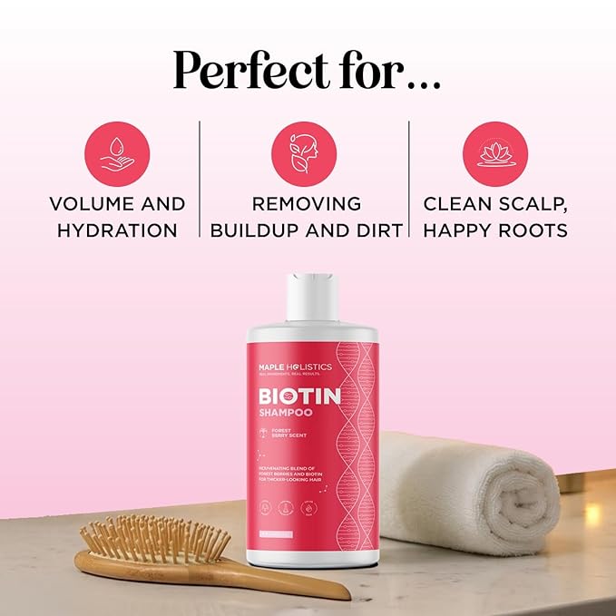 Fruity Biotin Shampoo for Thinning Hair - Volumizing Shampoo for Fine Hair with B Vitamins Rosemary Pomegranate & Strawberry Oils - Paraben Silicone and Sulfate Free Vegan Formula (16 Fl Oz)