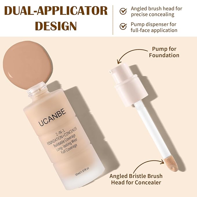 UCANBE 2-IN-1 Foundation + Concealer, Full Coverage Long-Lasting Matte Makeup for Normal, Combination and Oily Skin, Buildable Waterproof Formula with Hyaluronic Acid （07 Medium Beige）