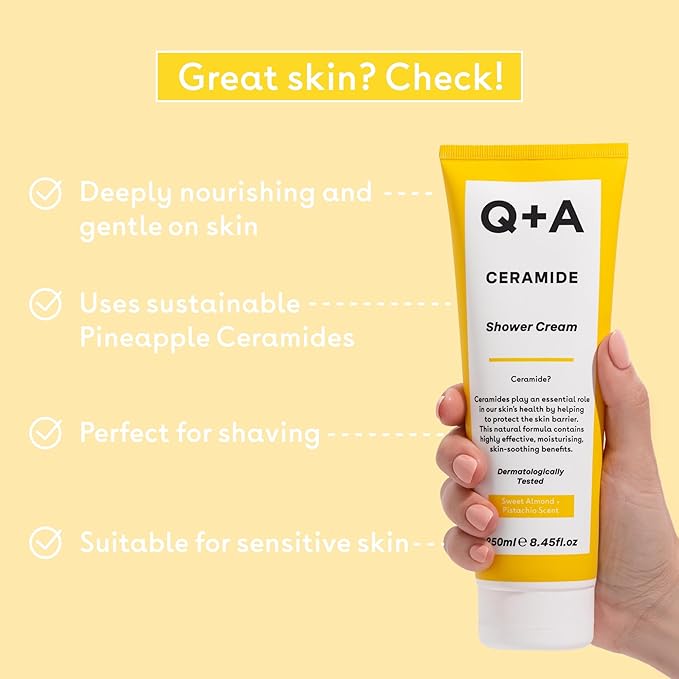 Q+A Ceramide Shower Cream, provides a gentle cleanse, deeply nourishing the skin with a rich and creamy formula of Squalane, Jojoba Seed Oil, and a sustainable Ceramide Extract from pineapples, 250ml