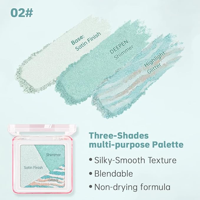 Green Teal Shimmer Baked Eyeshadow Palette, 3 Color High Pigment Blendable Eye Shadow Makeup for Older Women, Travel Mini Palette Suitable for All Eye Shapes, Vegan Cruelty-Free Soft Smokey Look 02#