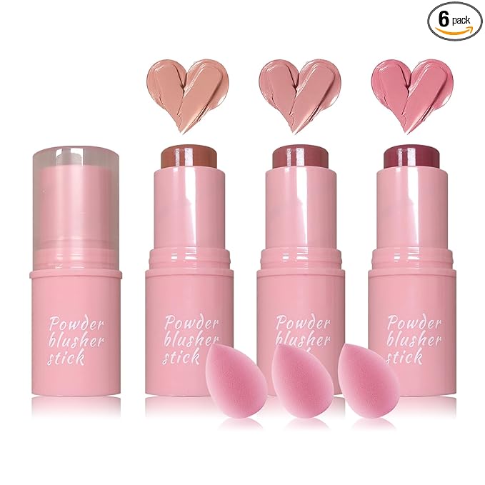 3 Colors Blush Stick with Makeup Sponges,Matte Solid Cream Blush,Multi-Use Blush Stick for Cheeks,Lips and Eye,High Pigmented Makeup Sticks Set A2