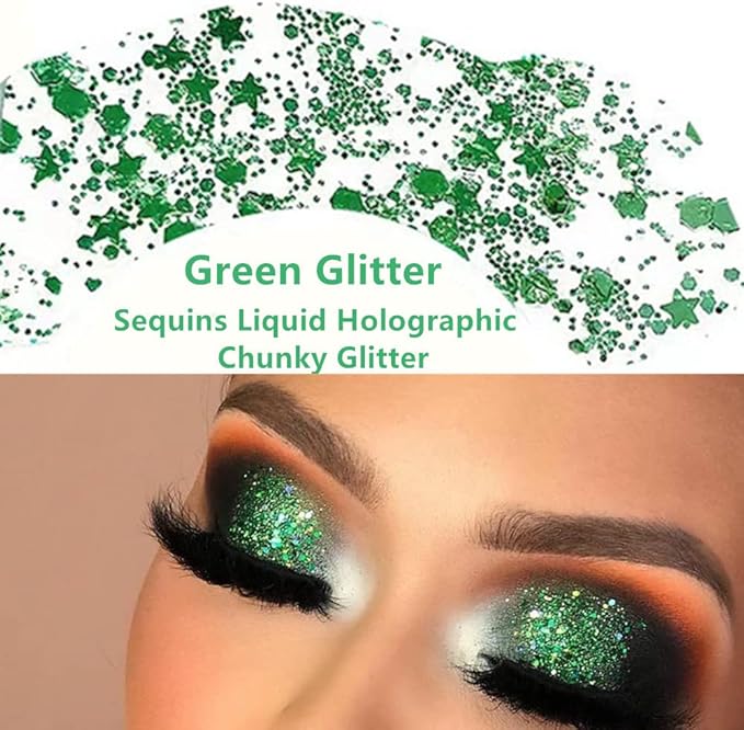 Go Ho Green Body Glitter,St Patricks Day Face Glitter Makeup,Green Face Paint Holographic Chunky Sequins Glitters for Eye Hair Nails,St Pattys Outfit Women Sparkle Accessories