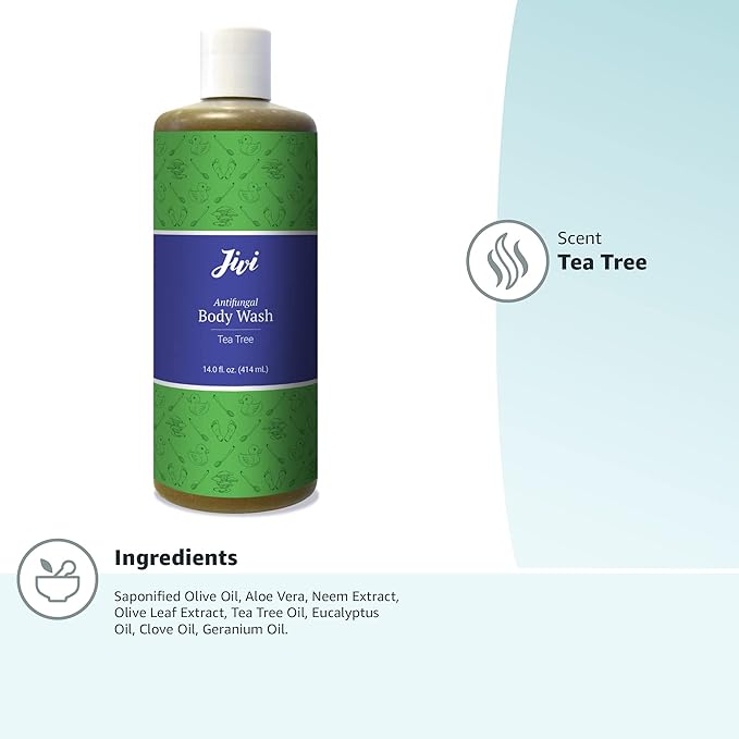 Jivi Antifungal Body Wash, Treats Athlete’s Foot, Toenail Fungus, Ringworm, Jock Itch, & More, Tea Tree, 14 Fl Oz, green