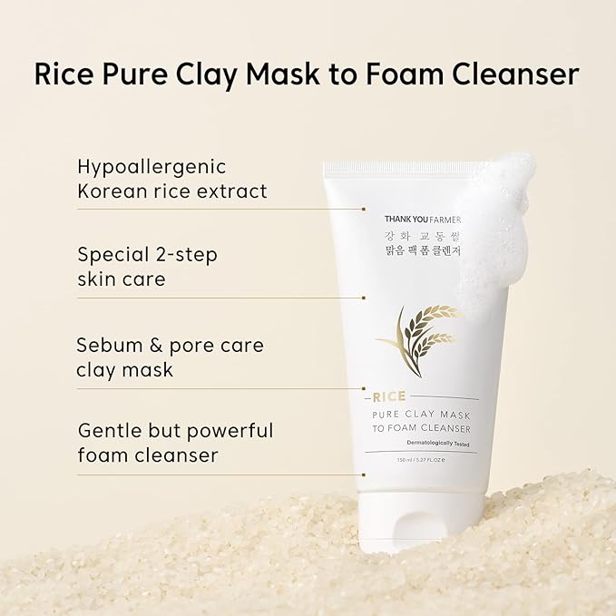 THANKYOU FARMER Rice Pure Clay Mask to Foam Cleanser, 1 Minute Clay Mask to Purify Pores, Foam Cleanse to Remove Excess Oil & Sebum, Deep Cleansing, Korean Skincare, Dermatologist Tested, 5.27 Fl oz