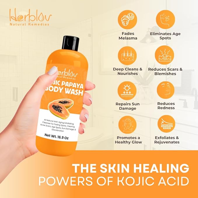 Herblov Kojic Acid Soap for Hyperpigmentation – Skin Brightening Kojic Papaya Body Wash – Dark Spot Soap Reduces Acne, Scars, and Evens Skin Tone – Turmeric Body Wash for Brighter Glowing Face