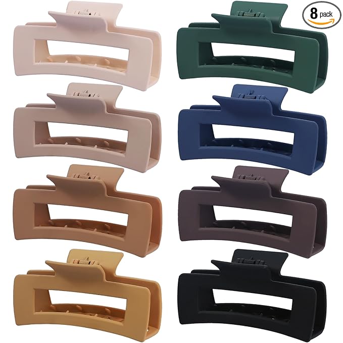 8 Pcs Large Hair Claw Clips 4.1 Inch Non-slip Big Square Matte Hair Claws for Women, Strong Hold Banana Clip for Thick Thin Hair(Multi-color)