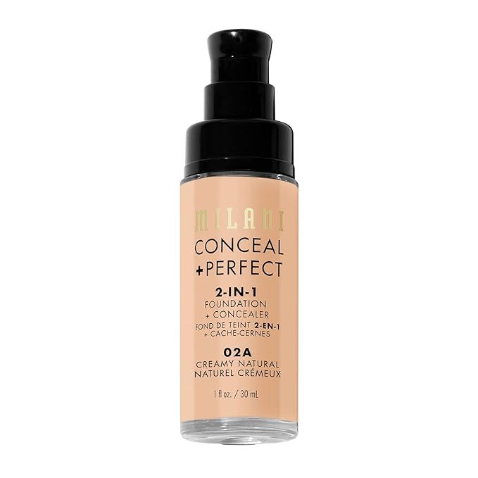 Milani Conceal + Perfect 2-in-1 Foundation + Concealer for a Flawless Complexion, Under Eye Corrector, Cover Redness and Imperfections, Waterproof and Sweatproof - 02A-Creamy Natural