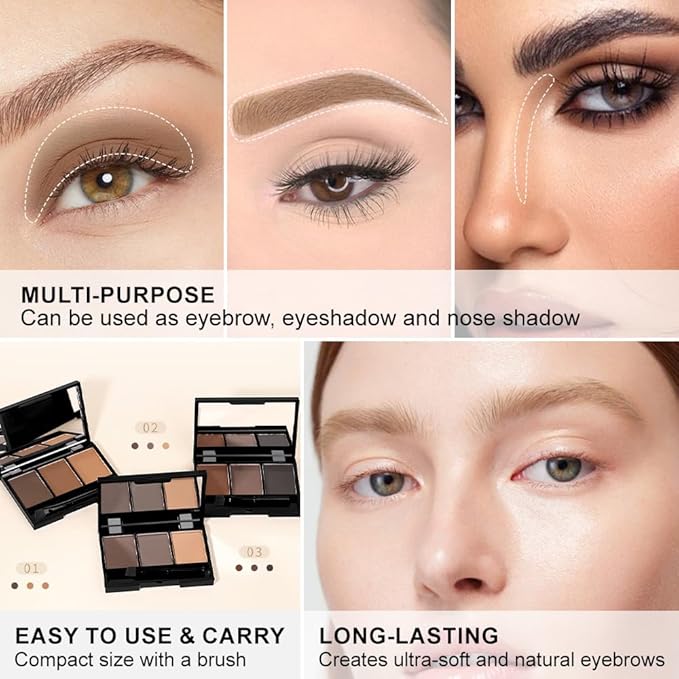 Brow Powder Kit with Mirror – Long-Lasting 3-Color Brow Filler for Full, Defined Natural Brows, Contour Palette with Double-Ended Brush, sombra para cejas (02)