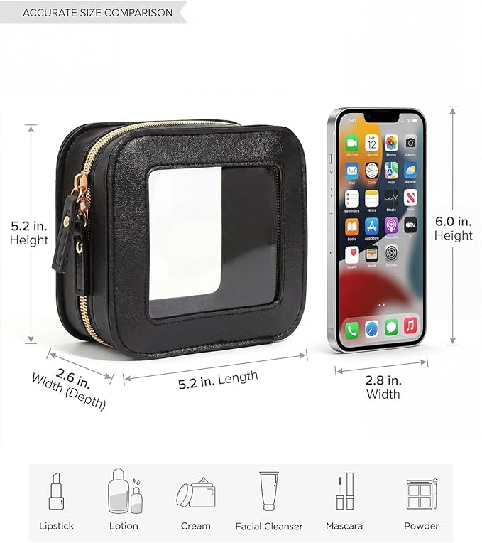 LETGO Small Makeup Bag for Purse Mini Cosmetics Bag Clear Cute Cosmetic Pouch for Women with Slip-in Pockets Car Bag for Essentials Accessories for Women Men Square Black