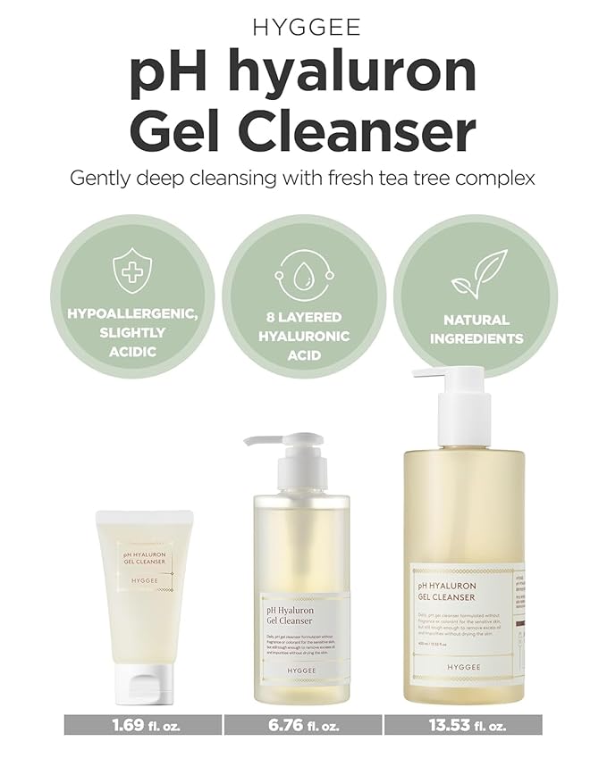 HYGGEE pH Hyaluron Gel Cleanser - Hyaluronic Acid Hydrating Face Wash - pH Balancing Formula for All Skin Types - Hypoallergenic Mild Makeup Cleansing Gel (1.69 fl.oz.)