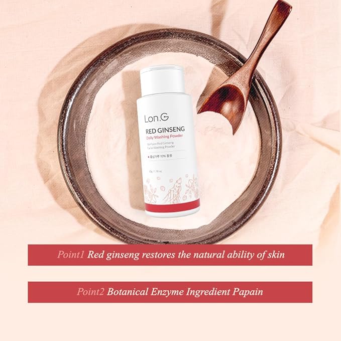 LON.G Red Ginseng Enzyme Powder Face Wash | Soft Cleanser and Exfoliator for Sensitive Skin, hydrating daily facial cleanser, low pH, blackhead removal, Ultra- Fine, Korean Skincare, 50g 1.76 oz.