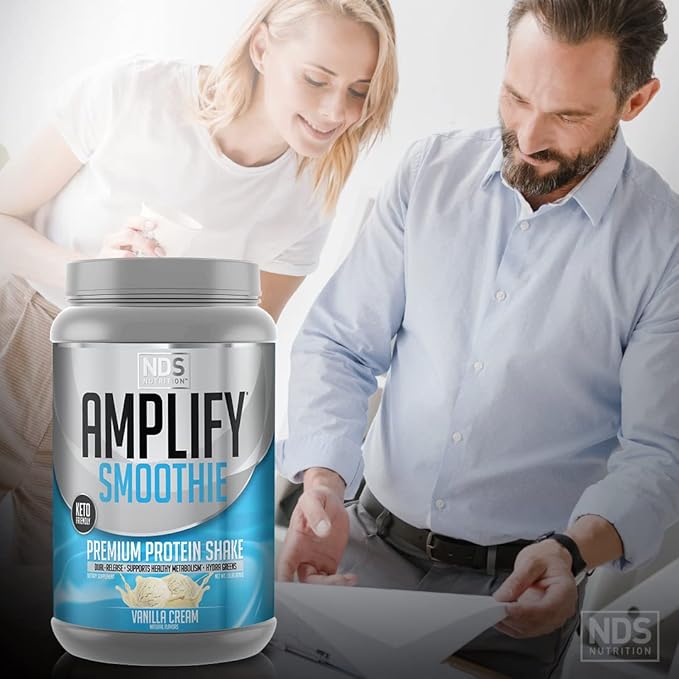 AMPLIFY NDS Nutrition Smoothie Premium Whey Protein Powder Shake with Added Greens and Amino Acids - Build Lean Muscle, Gain Strength, Lasting Energy, and Lose Fat - Vanilla (30 Servings)