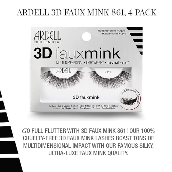 Ardell False Eyelashes 3D Faux Mink Lashes, 861 - Lightweight Reusable Strip Lashes with Invisiband, Ultra-Fluffy Volume for a Bold and Dramatic Look, 4 Pairs