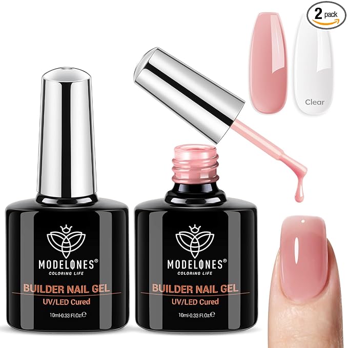 modelones Base Coat Builder Nail Gel, 2 Pcs Clear and Rose Nude Pink Builder Nail Polish for Thickening Apex Building 8-in-One Rubber Color Base Polish Extend Gel LED Lamp Cured 10 ml DIY Salon