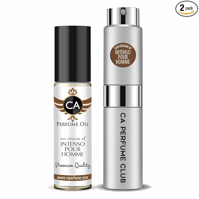 CA Perfume Duo Impression of Intenso Pour Homme For Men Perfume Layering Set Mens Cologne Long Lasting Travel Size EDP + Body Oil Roll-On Bottle 0.27 Fl Oz+0.33 Fl Oz