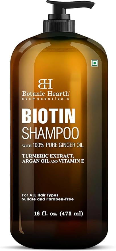 Botanic Hearth Biotin Shampoo With 100% Pure Ginger Oil | Sulfate & Paraben | Free | Enriched With Turmeric Extract, Argan Oil & Vitamin E | For All Hair Types | 16 Fl. Oz