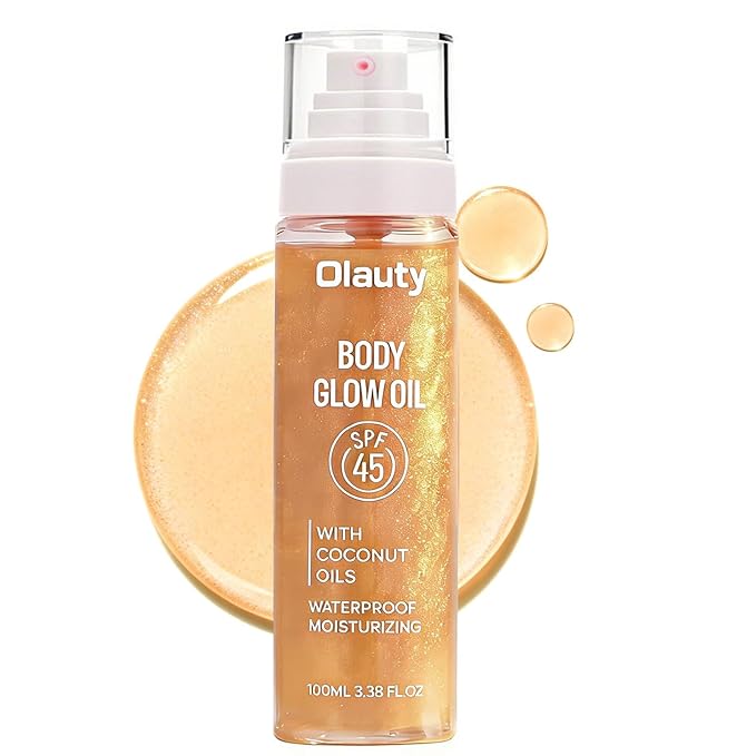 Body Glow Sunscreen Oil SPF 45, Shimmer Body Oil with Coconut Oils, Moisturizing Wateproof Glowing Oil for Body & Face, Lightweight, Glowy Finish,with Rose Gold Mica (Bronze Amber)