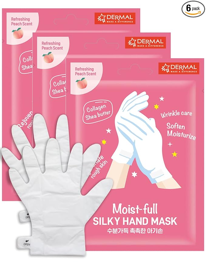 DERMAL Moistfull Silky Hand Mask Gloves 3 Pairs for Dry Hands - Intensive Repairing with Collagen and Shea Butter - Nourishing & Moisturizing Renew Hand Mask - Refreshing Peach Scent