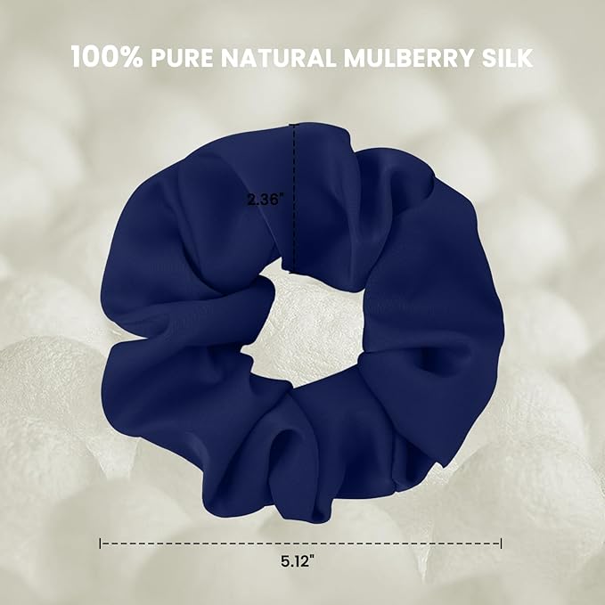 Silk Hair Scrunchies for Women, 100% Mulberry Silk Hair Ties, No Damage for Curly Hair, Large Scrunchie for Sleep, 1-Pack, Dark Navy Blue, L