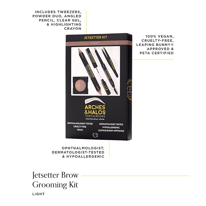 Arches & Halos Jetsetter Kit - Travel Size Kit for Flawless Brow Shaping and Grooming On the Go - Includes Five Essential Eyebrow Care Tools - Professional Grade Formulas and Design - Light - 1 pc