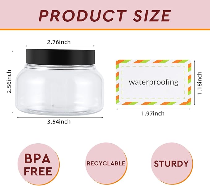 24 Pack 8 Oz Plastic Containers With Lids and Waterproof Label BPA Free - Refillable Transparent Cosmetic Containers for Body Butter,Sugar Scrubs,Cream,Lotions,Candy,Bath Salt (Clear, 8 oz)