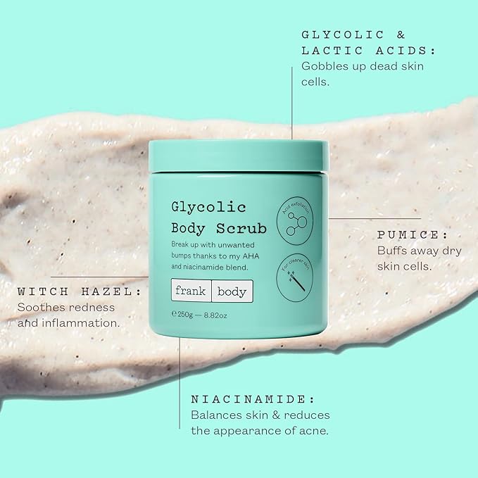 frank body Glycolic Acid Body Scrub | Fights KP & Breakouts, Spots & Tighten Pores | Reduces Acne with Niacinamide & Soothes with Witch Hazel | Glycolic Acid & Pumice | 8.82 oz | Pack of 1