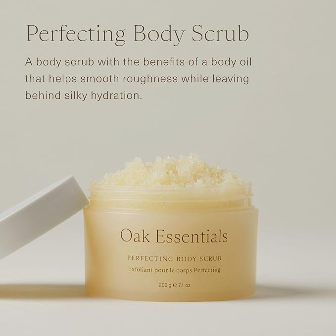 Oak Essentials Perfecting Body Scrub, Gentle Exfoliating Sugar Scrub with Coconut Oil, Argan Oil and Shea Butter, Hydrating Body Polish for Silky, Radiant Skin, 7.1 Oz