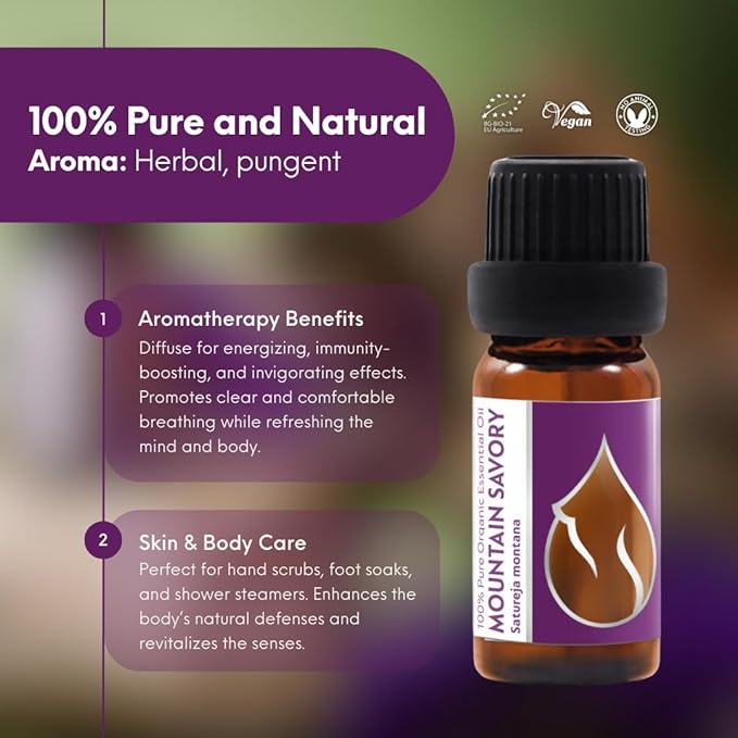 Essences Bulgaria Organic Mountain Savory Essential Oil 1/3 Fl Oz | 10ml | Satureja Montana | 100% Pure and Natural | Undiluted | Therapeutic Grade | Family Owned Farm | Steam-Distilled | Non-GMO