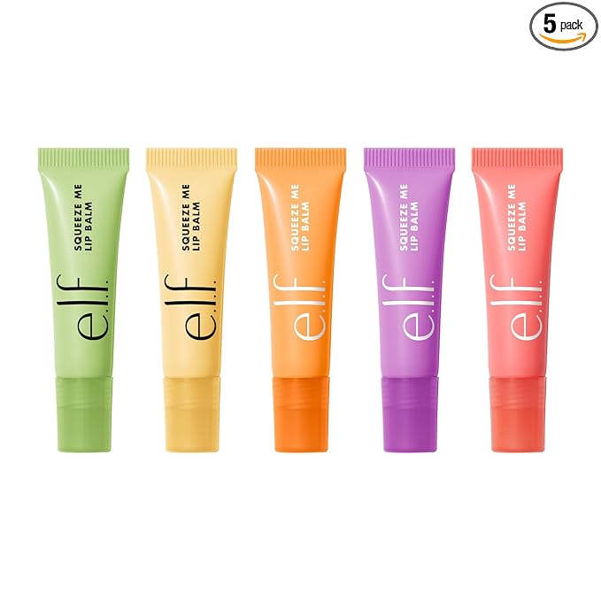 e.l.f. Squeeze Me Lip Balm Set, Includes Strawberry, Vanilla Frosting, Peach, Grape & Honeydew, Moisturizing Lip Balm, Vegan & Cruelty-Free