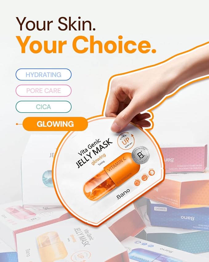 Bano Vita Genic Jelly Face Glowing Mask 10EA – Hydrating Sheet Mask for Sensitive Skin, Korean Glass Skin Care with Vitamin C, Biotin & Niacinamide, Fragrance-Free, Pack of 2