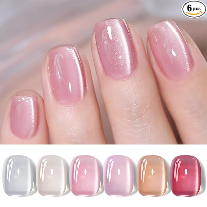 Born Pretty Magnetic Gel Nail Polish Water Light Cat Magnetic Eye Jelly Pink Glass Crystal Gel Polish Glitter Shimmer Auroras Nail Polish LED Nail Art Manicure Kit 6PCS