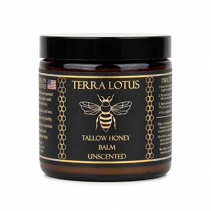 Terra Lotus - Organic Grass-Fed Beef Tallow Balm with Raw Honey - Moisturizing Cream for Soft, Smooth Skin - Handmade All-Natural Moisturizer (4 Oz, Unscented)