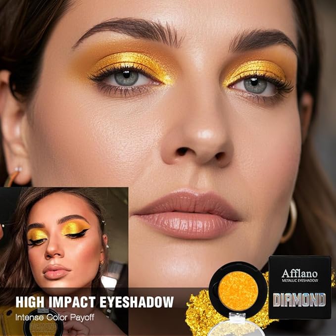 Afflano Yellow Glitter Eyeshadow Makeup, Single Diamond Gold Shimmery Eyeshadows, Super Pigmented Sunset Gold Glitter Yellow Eyeshadow One Swipe, Vibrant Metallic Eye Shadow Sparkly Eyelid Highlighter