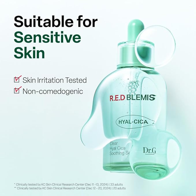 Dr. G R.E.D. Blemish Clear Hyal-Cica Soothing Serum - Korean Skincare - Long-Lasting, Hydrating Serum for All Skin Types - Cools Skin Temperature - Hyaluronic Acid & Centella Asiatica - 1.69 fl oz