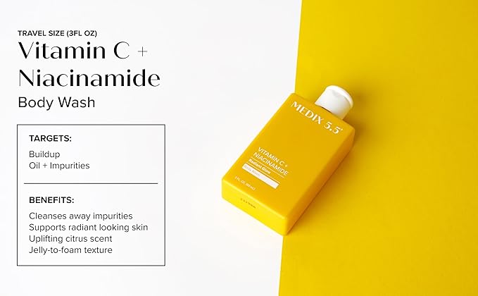 MEDIX Radiant Glow Vitamin C Body Wash W/ Niacinamide | Citrus Scented Gentle Body & Face Cleanser For Women, Men, Dry Skin, & Smoother-Looking Skin | Removes Dirt, Oil, & Impurities, 3PC Travel Size