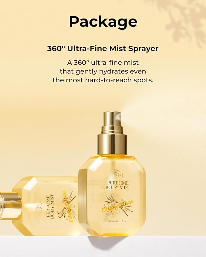 BOM Chiffon Vanilla Body Mist 3.71 Fl Oz, Vanilla Scented Fine Mist with Hyaluronic Acid, Niacinamide & Vitamin C, Hydrating, Lightweight, Korean Skincare