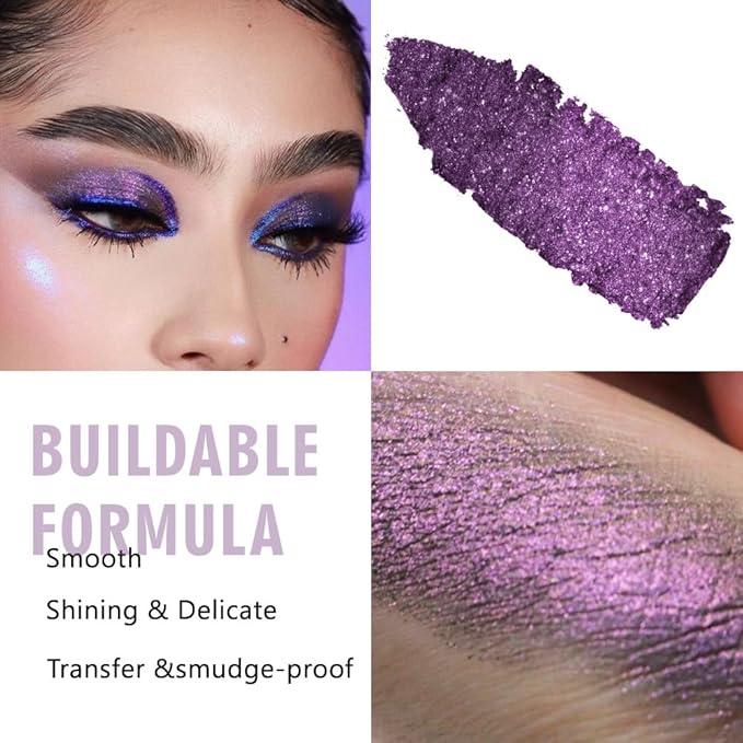 WanTuoluo Sparkly Eyeshadow Palette for Women, Single Monochrome Eye Shadow Makeup, Shiny Pressed Cream Powder, Blendable Natural sombras para ojos, Holographic,Vegan,Travel (08-sparkly-Purple)