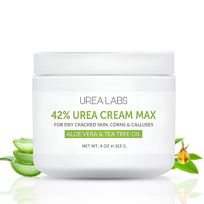 42% Urea Cream MAX with Tea Tree Oil & Aloe Vera - Maximum Strength Formula for Cracked Heels, Thick Calluses & Dry Rough Skin - Fast Absorbing Moisturizer for Feet, Heels, & Dry Cracked Skin - 4oz