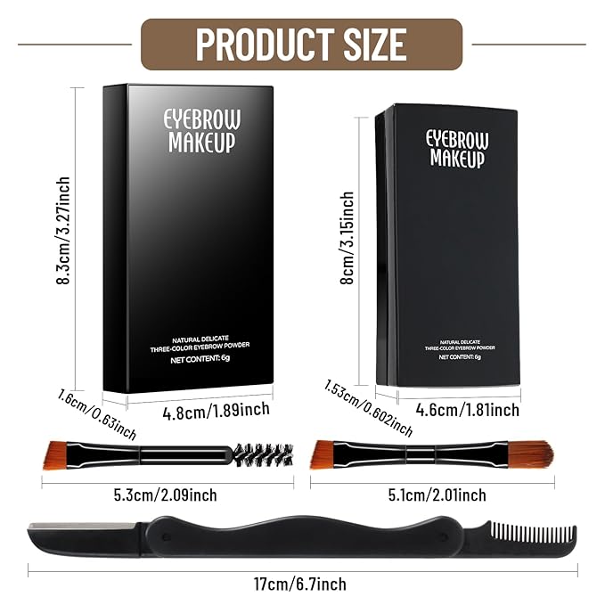 HOSAILY 3 Colors Eyebrow Powder Professional Makeup Kit, Waterproof Long Lasting Brow Contour Palette with Mini Brow Brush&Razor Set, Light&Medium&Dark Brown Brow Filler Sculpt Brow Powder for Women