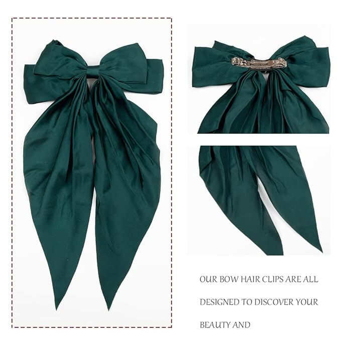 Silky Satin Oversized Long-tail Bow Clip, Large green Hair Bow for Women Girl, Hair Accessories with Long Tail, 1Pcs