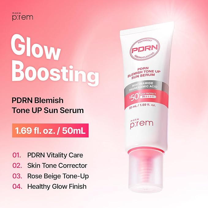 MAKE P:REM PDRN Tone-Up Sun Serum SPF 50, Korean Sunscreen, Lightweight Tinted Facial Sunscreen with Rosy Beige Tone-Up Effect, Radiant Glow Finish, Makeup-Friendly Daily Sunscreen, 1.69 fl oz (50ml)
