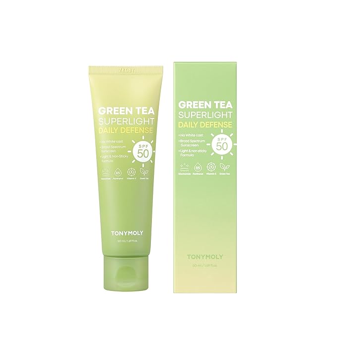 TONYMOLY Green Tea Korean Sunscreen SPF 50+ PA++++ — No White Cast, Lightweight Face Sunscreen for All Skin Tones, Hydrating with Niacinamide, Panthenol & Hyaluronic Acid, 1.69 fl oz