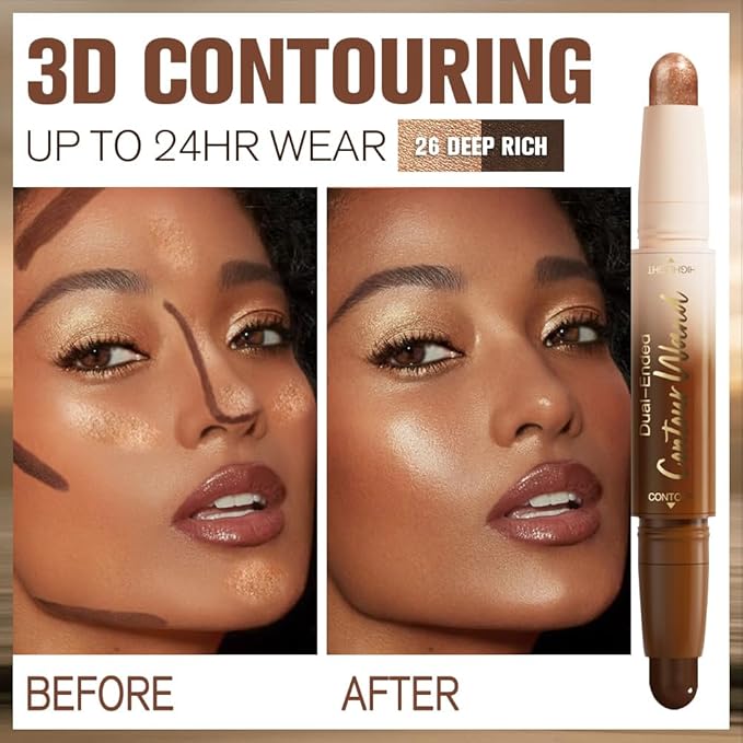2Pcs Dual Ended Contour Stick Set, 25# + 26# Cream Concealer Highlighter, Waterproof No Transfer Long-Lasting 2-in-1 Face Contour Bronzer Sticks for Daily Makeup