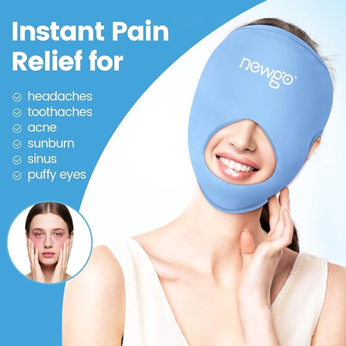 NEWGO Ice Face Mask & Cooling Eye Mask for Puffy Eyes – Reusable Gel Hot/Cold Therapy with Thick Gel Pad in Forehead & Eye Zones for Migraine Relief, Post-Surgery Swelling, Allergy, Headaches