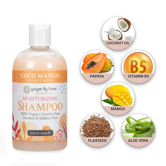 Ginger Lily Farms Botanicals Moisturizing Shampoo for All Hair Types, Coco Mango, 100% Vegan & Cruelty-Free, Coconut Mango Scent, 12 Fl Oz